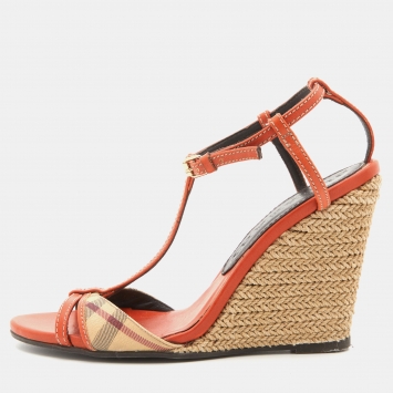 Pre Owned Burberry Orange Leather Espadrille Wedge T-Strap Sandals Size 37.5