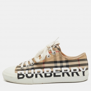 Pre Owned Burberry Beige/White Vintage Check Canvas and Rubber Larkhall Sneakers Size 37