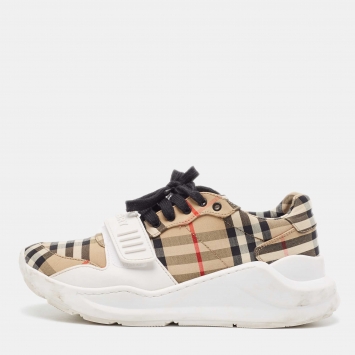 مملوكة مسبقًا Burberry White/Beige Check Canvas and Rubber Regis Chunky Sneakers Size 38