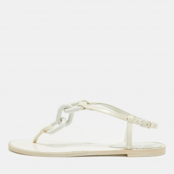 Pre Owned Burberry Patent Leather White Thong Slingback Sandals Size 38.5