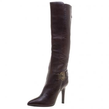 Pre Owned Burberry Brown Leather Pointed Toe Knee Length Boots Size 37.5