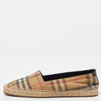 Pre Owned Burberry Beige/Black House Check Fabric Espadrille Flats Size 38