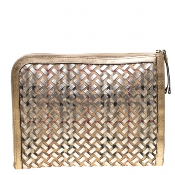 Pre Owned Burberry Gold/Beige Haymarket Check PVC and Leather Document Case