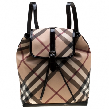 Pre Owned Burberry Black/Beige Nova Check PVC and Patent Leather Backpack