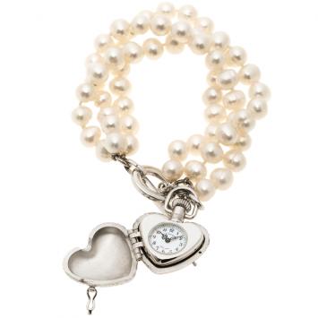 Pre Owned Burberry Mother of Pearl Sterling Heart Locket & Pearl BU5205 Bracelet Watch 27 mm