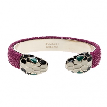 Pre Owned Bvlgari Serpenti Forever Enamel & Pink Galuchat Leather Gold Plated Open Cuff Bracelet 