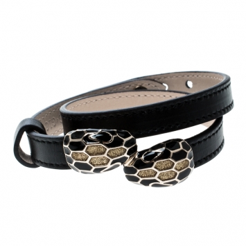 Pre Owned Bvlgari Serpenti Forever Enamel Black Double Coiled Leather Gold Tone Bracelet