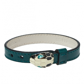 Pre Owned Bvlgari Serpenti Forever Enamel Gold Plated Green Leather Bracelet