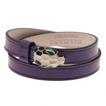 Pre Owned Bvlgari Serpenti Double Coiled Purple Leather Bracelet M