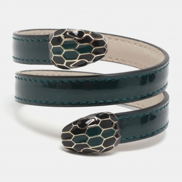 Pre Owned Bvlgari Serpenti Forever Enamel Green Leather Gold Tone Bracelet