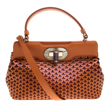 Pre Owned Bvlgari Orange Laser Cut Leather Isabella Rossellini Tote
