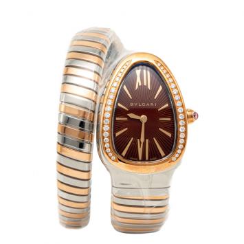 Pre Owned Bvlgari Brown Dial Serpenti Tubogas Steel & Rose Gold Diamond Bezel Women's Watch