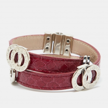 Bvlgari Bvlgari Red Snakeskin Leather Silver Tone Double Wrap Bracelet 