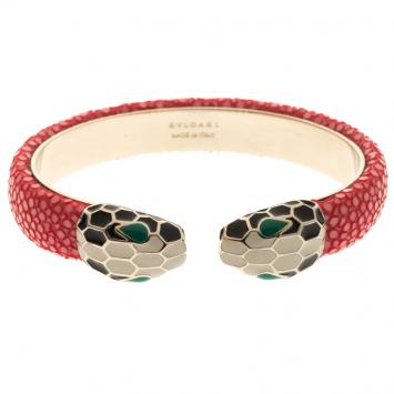 Pre Owned Bvlgari Serpenti Forever Pink Galuchat Leather Gold Plated Open Cuff Bracelet 