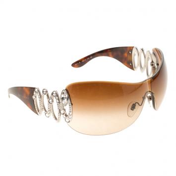 Pre Owned Bvlgari Brown Turqoise 6017-B Crystal Embellished Shield Sunglasses