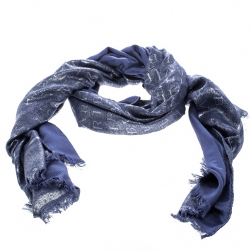 Pre Owned Bvlgari Blue Lettere Maxi Metal Silk and Wool Logomania Scarf