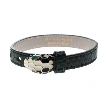 Pre Owned Bvlgari Serpenti Forever Green Snakeskin Gold Tone Bracelet 