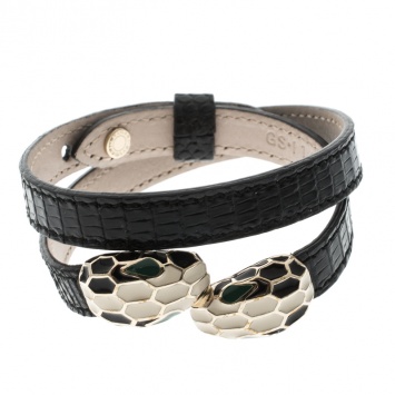 Pre Owned Bvlgari Serpenti Forever Black Lizard Leather Double Coiled Bracelet