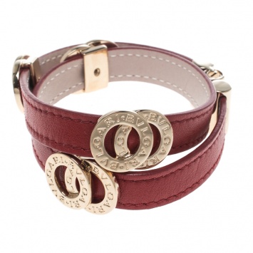 Pre Owned Bvlgari Red Leather Double Coiled Gold Plated Bracelet 