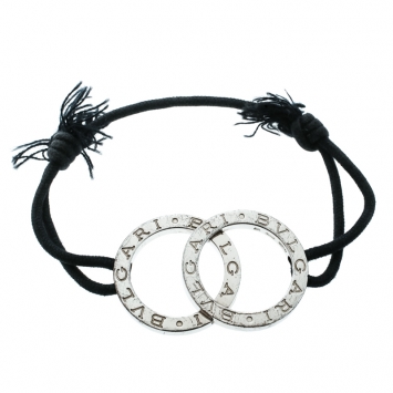 Pre Owned Bvlgari Fortuna Interlocking Circles Silver Black Cord Bracelet