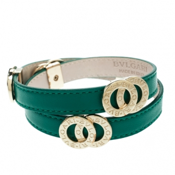 Pre Owned Bvlgari Green Leather Gold Tone Double Wrap Bracelet 