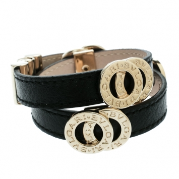 Pre Owned Bvlgari Black Leather Gold Tone Double Wrap Bracelet