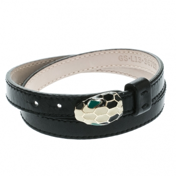 Pre Owned Bvlgari Serpenti Forever Black Enamel Double Coiled Leather Gold Plated Bracelet