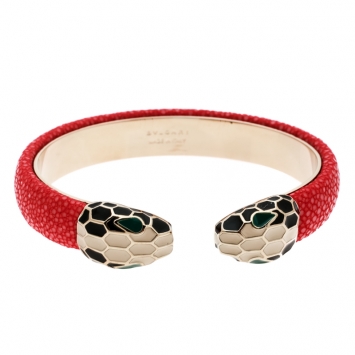 Pre Owned Bvlgari Serpenti Forever Enamel & Pink Galuchat Leather Gold Plated Open Cuff Bracelet 17cm