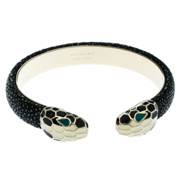 Pre Owned Bvlgari Serpenti Forever Enamel & Black Galuchat Leather Gold Plated Open Cuff Bracelet 