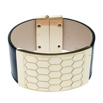 Pre Owned Bvlgari Serpenti Forever Scaglie Blue Leather Gold Tone Wide Cuff Bracelet 