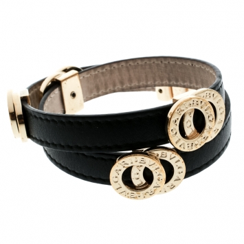 Pre Owned Bvlgari Black Leather Gold Tone Double Coiled Wrap Bracelet