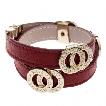 Pre Owned Bvlgari Bvlgari Red Leather Gold Plated Double Coiled Bracelet 15cm