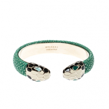 Pre Owned Bvlgari Serpenti Enamel Green Galuchat Skin Gold Plated Leather Open Cuff Bracelet 
