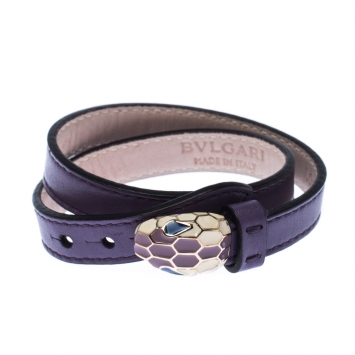 Pre Owned Bvlgari Serpenti Forever Enamel Purple Double Coiled Leather Gold Plated Bracelet