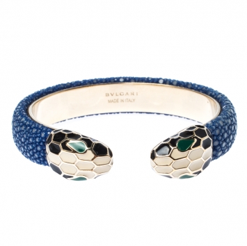 Pre Owned Bvlgari Serpenti Forever Enamel Blue Galuchat Leather Gold Plated Open Cuff Bracelet 
