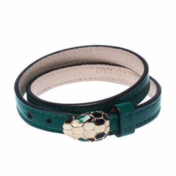 Pre Owned Bvlgari Serpenti Forever Green Enamel Double Coiled Leather Gold Plated Bracelet