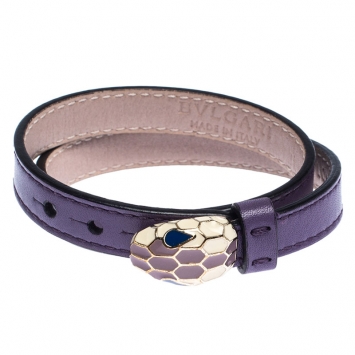 Pre Owned Bvlgari Serpenti Forever Enamel Purple Double Coiled Leather Gold Plated Bracelet