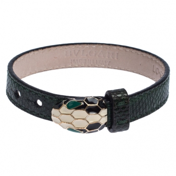 Pre Owned Bvlgari Serpenti Green Karung Leather Enamel Bracelet 