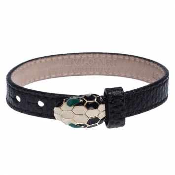 Pre Owned Bvlgari Serpenti Black Enamel Gold Plated Leather Bracelet