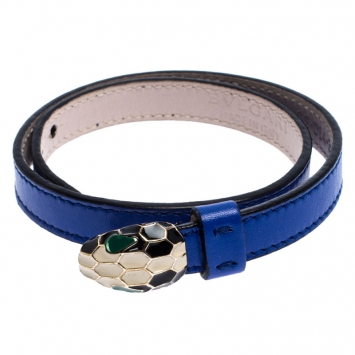 Pre Owned Bvlgari Serpenti Forever Blue Enamel Gold Plated Double Coiled Leather Bracelet
