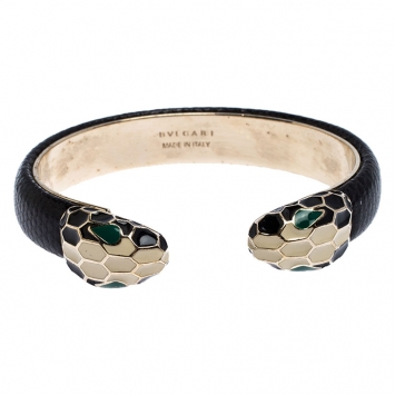 Pre Owned Bvlgari Black Serpenti Forever Enamel Leather Gold Tone Open Cuff Bracelet 