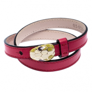 Pre Owned Bvlgari Serpenti Forever Enamel Pink Double Coiled Leather Gold Plated Bracelet