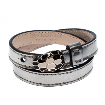 مملوكة مسبقًا Bvlgari Serpenti Forever Enamel Silver Leather Gold Plated Double Coiled Bracelet