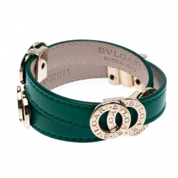 مملوكة مسبقًا Bvlgari Bvlgari Interlocking Circles Green Leather Gold Plated Double Coiled Bracelet 