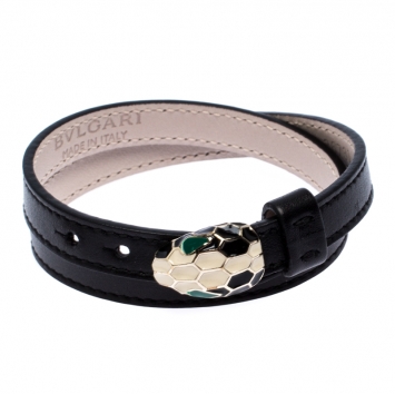 Pre Owned Bvlgari Serpenti Forever Black Enamel Gold Plated Double Coiled Leather Bracelet
