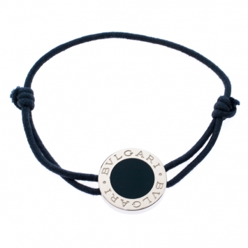 Pre Owned Bvlgari Logo Blue Enamel Silver Adjustable Cord Bracelet