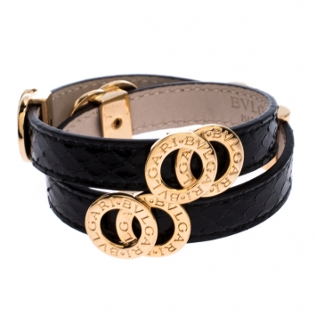 Pre Owned Bvlgari Black Snakeskin Leather Gold Tone Double Wrap Bracelet