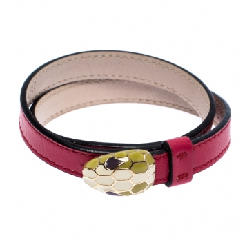 Pre Owned Bvlgari Serpenti Forever Enamel Pink Leather Gold Plated Double Coiled Bracelet