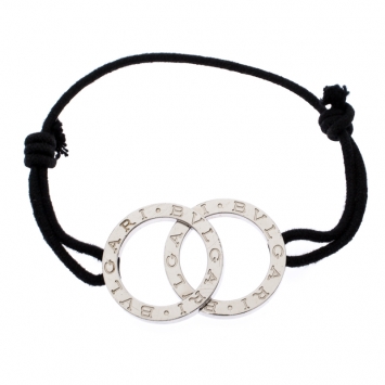 Pre Owned Bvlgari Fortuna Interlocking Circles Silver Black Cord Bracelet