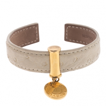 Pre Owned Bvlgari Cream Ostrich Leather Gold Tone Open Cuff Bracelet